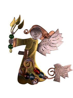 Handcrafted Angel Brooch Mixed Metal Multicolor Beads Vintage Artisan Quality